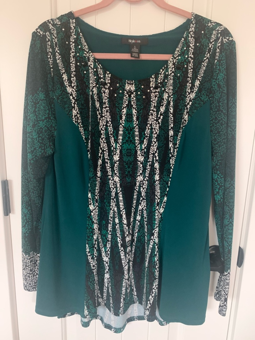 Style & Co. Teal and Black Long Sleeve Printed Tunic Dress